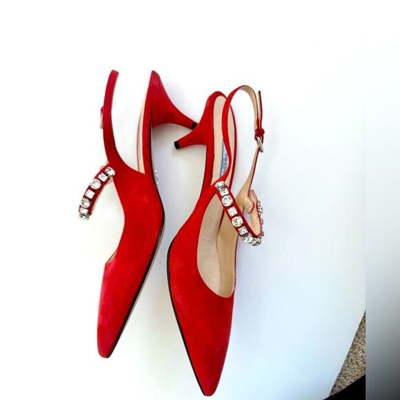 Prada Red Suede Leather Crystal embellished Mary Jane Sling back pumps EU 38.5 - Picture 6 of 11